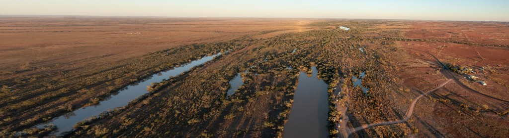 Aerial view of a river corridor and waterholes through open country in the Australian outback